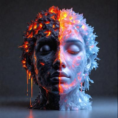 The primary subject of the image is a sculpture of a head, featuring a black and white color scheme. The setting is a dark background, which contrasts with the bright colors of the sculpture. The visual style is a combination of digital art and illustration, creating a unique and intriguing representation of the human head. The colors and mood of the image are dramatic and intense, with the black and white color scheme adding a sense of depth and contrast to the overall composition.